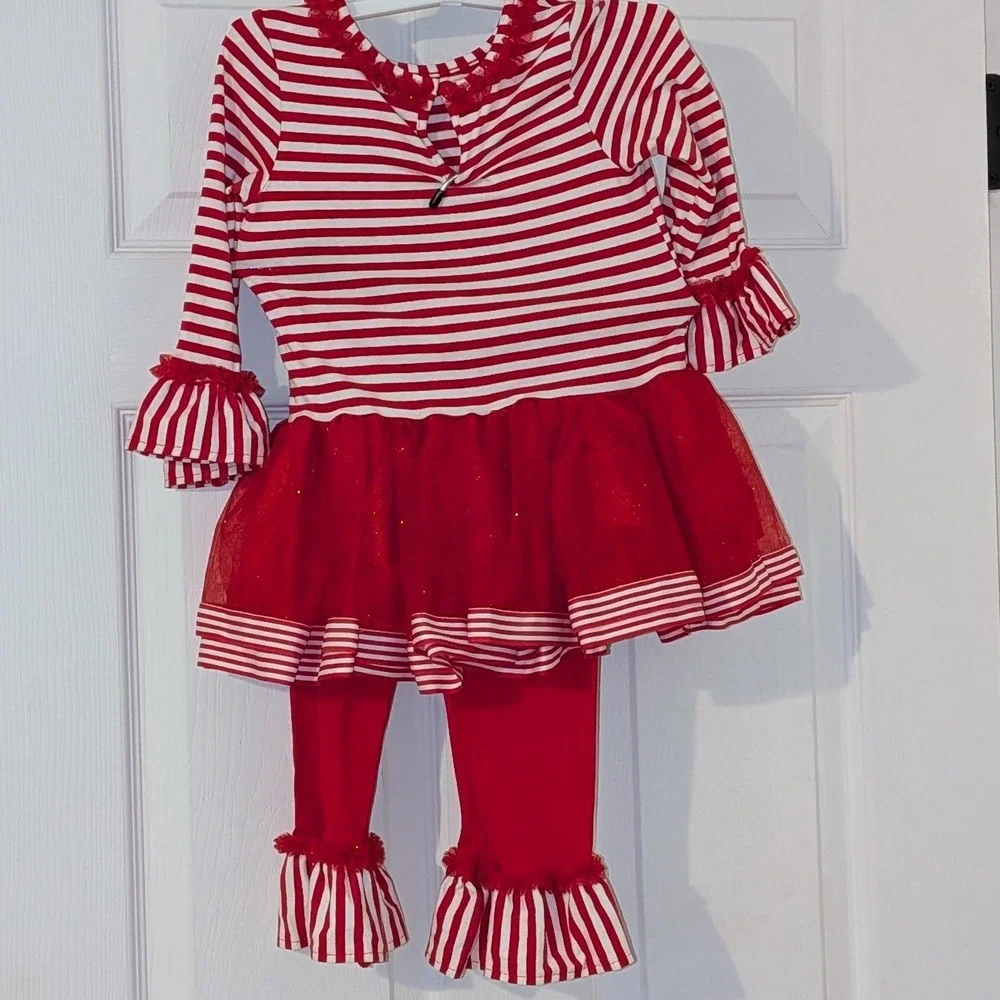 Rare Too! Girls 24M Christmas‎ Santa Striped Tutu Tunic and Ruffle Leggings Set